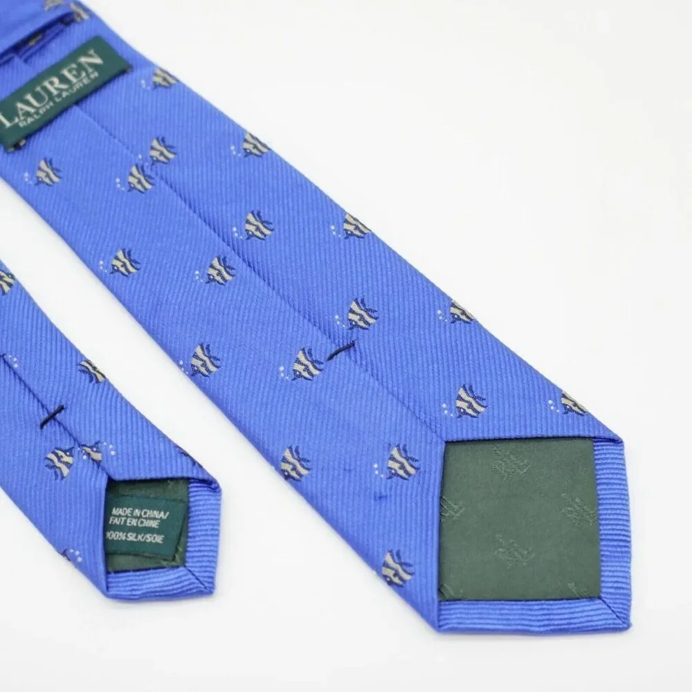Lauren Ralph Lauren Woven Novelty Fish Blue‎ Short Skinny Silk Tie